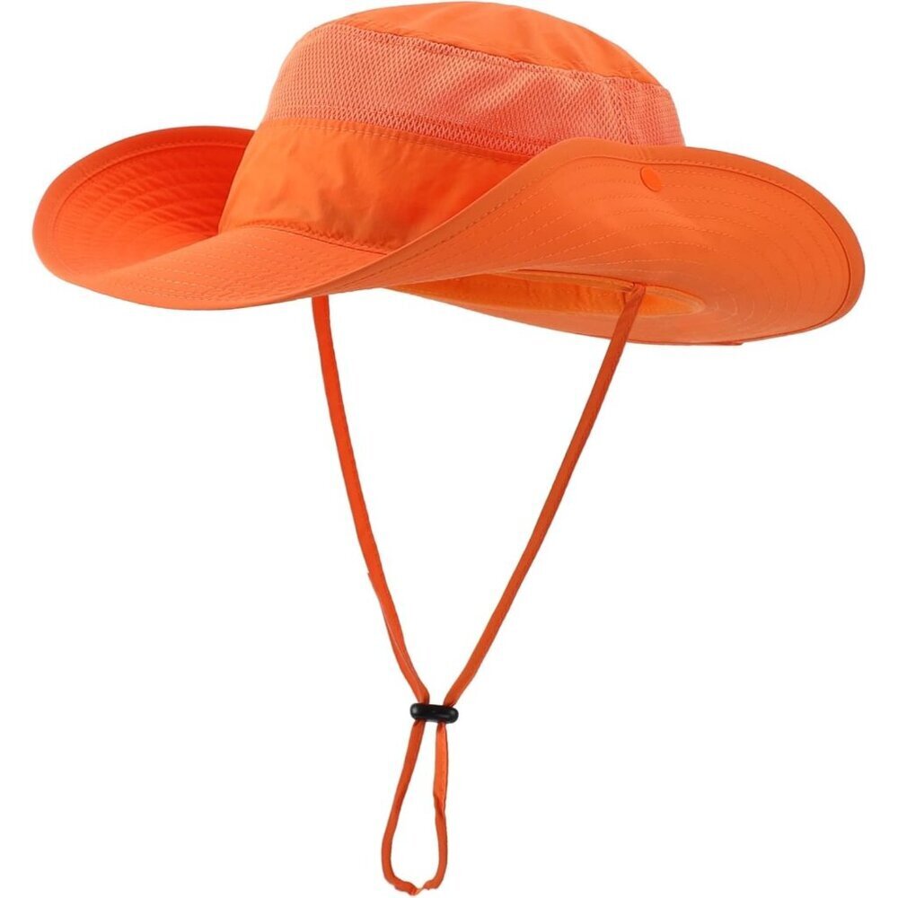 Unisex Orange 100%Polyester Wide Brim Boonie Mesh With Chin Strap Bucket Sun Hat